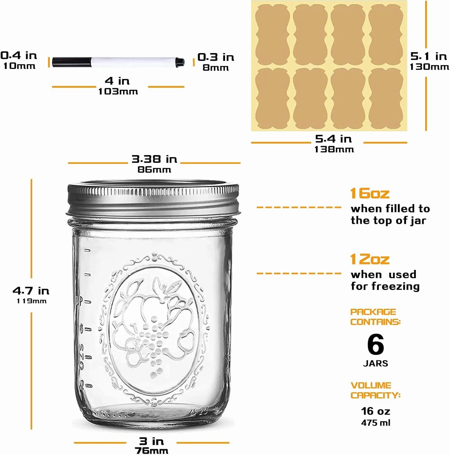 Wide Mouth Glass Mason Jars 16 oz, 6 Pack Glass Canning Jars with Metal Airtight Lids and Bands and Measurement Marks, for Canning, Preserving, Overnight Oats, Jam, Jelly, Food Storage, DIY etc