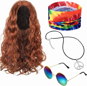 WILLBOND 4 Pieces Hippie Costume Set, Wig Peace Sign Necklace Sunglasses and Tie Dye Headband Pride 60s 70s Accessories (Brown,Wavy Hair)