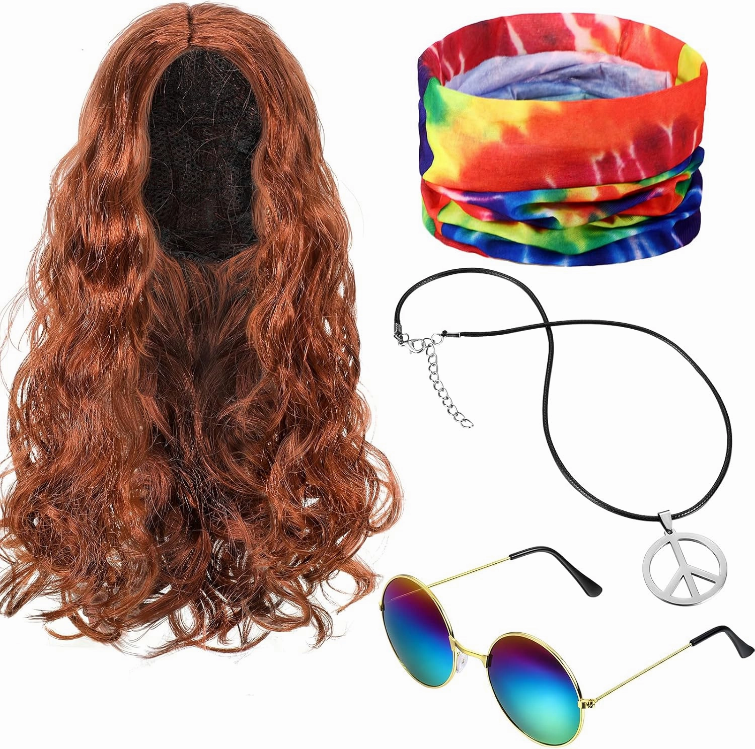 WILLBOND 4 Pieces Hippie Costume Set, Wig Peace Sign Necklace Sunglasses and Tie Dye Headband Pride 60s 70s Accessories (Brown,Wavy Hair)