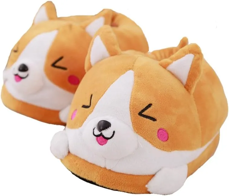 Winter Warm Full Foot Slippers Plush Corgi Dog Slippers Shoes for Women