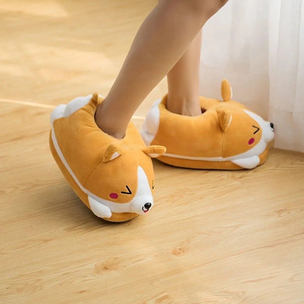 Winter Warm Full Foot Slippers Plush Corgi Dog Slippers Shoes for Women