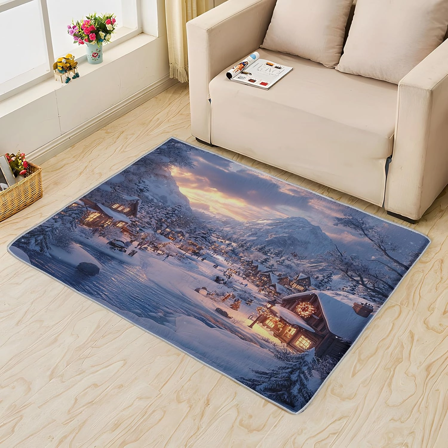 Winter Village Rug 6x8 for Living Room, Snow Mountain Area Rug, Snowy SceneryNon-Slip Washable, Soft Low Pile Stain Resistant Indoor Decor Large Rugs