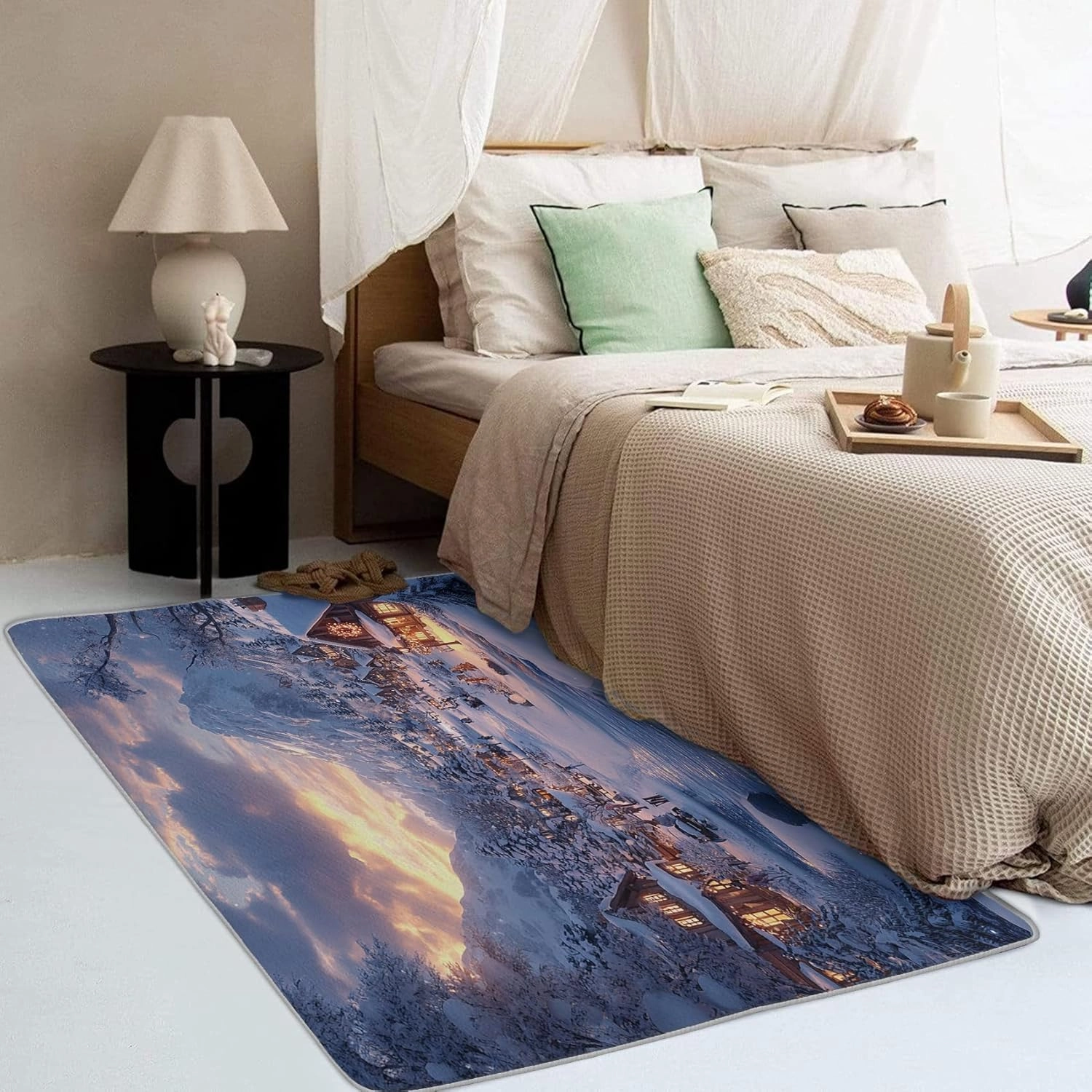 Winter Village Rug 6x8 for Living Room, Snow Mountain Area Rug, Snowy SceneryNon-Slip Washable, Soft Low Pile Stain Resistant Indoor Decor Large Rugs