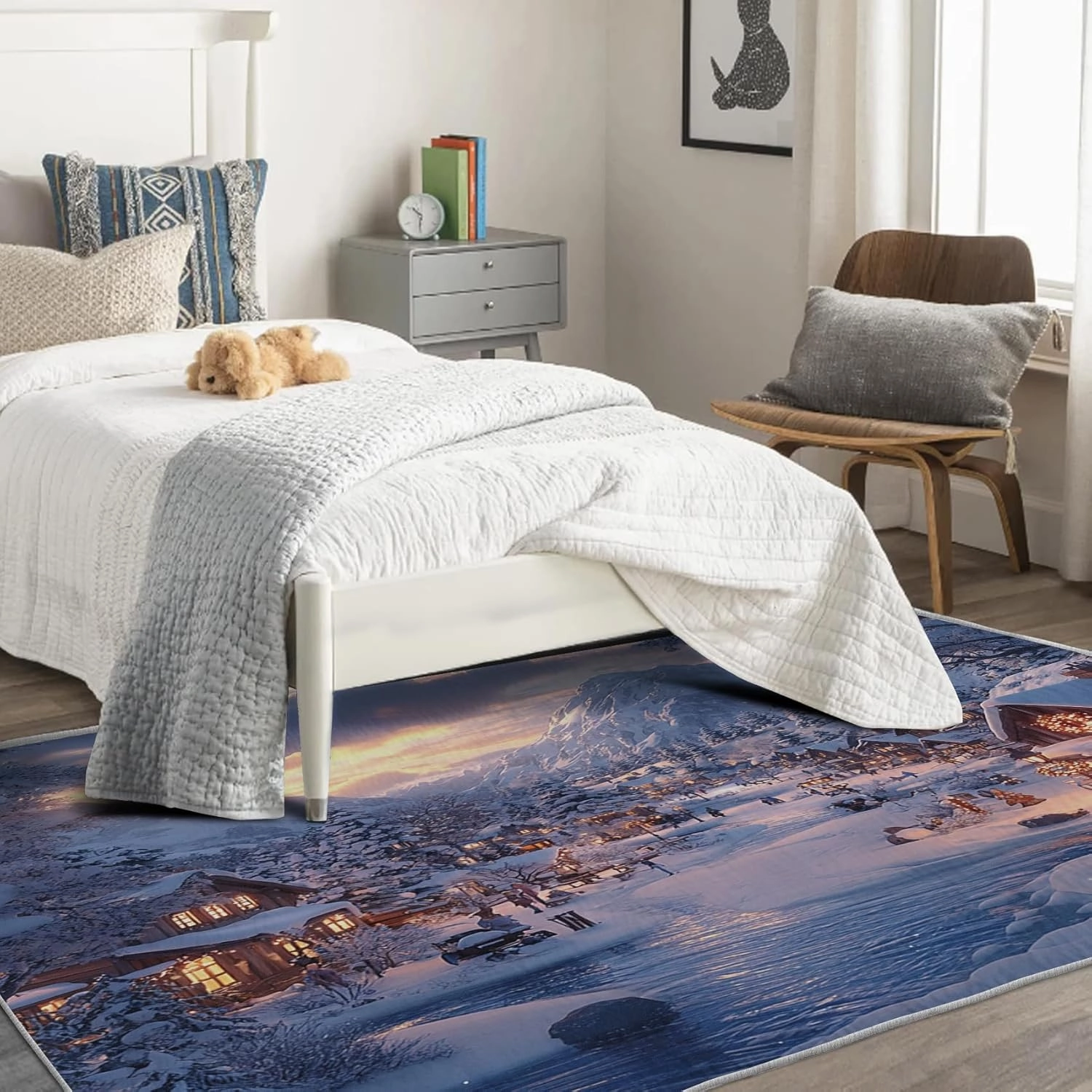 Winter Village Rug 6x8 for Living Room, Snow Mountain Area Rug, Snowy SceneryNon-Slip Washable, Soft Low Pile Stain Resistant Indoor Decor Large Rugs