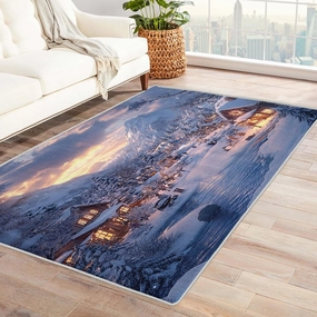 Winter Village Rug 6x8 for Living Room, Snow Mountain Area Rug, Snowy SceneryNon-Slip Washable, Soft Low Pile Stain Resistant Indoor Decor Large Rugs