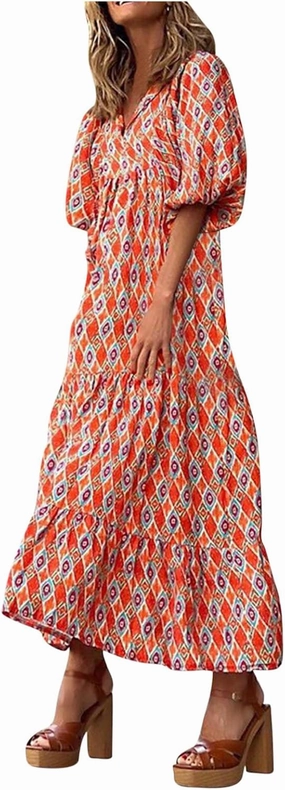 Women's Elbow Sleeve Loose Sundress Cute Flower Graphic Print Maxi Dress Casual Trendy Summer Dresses