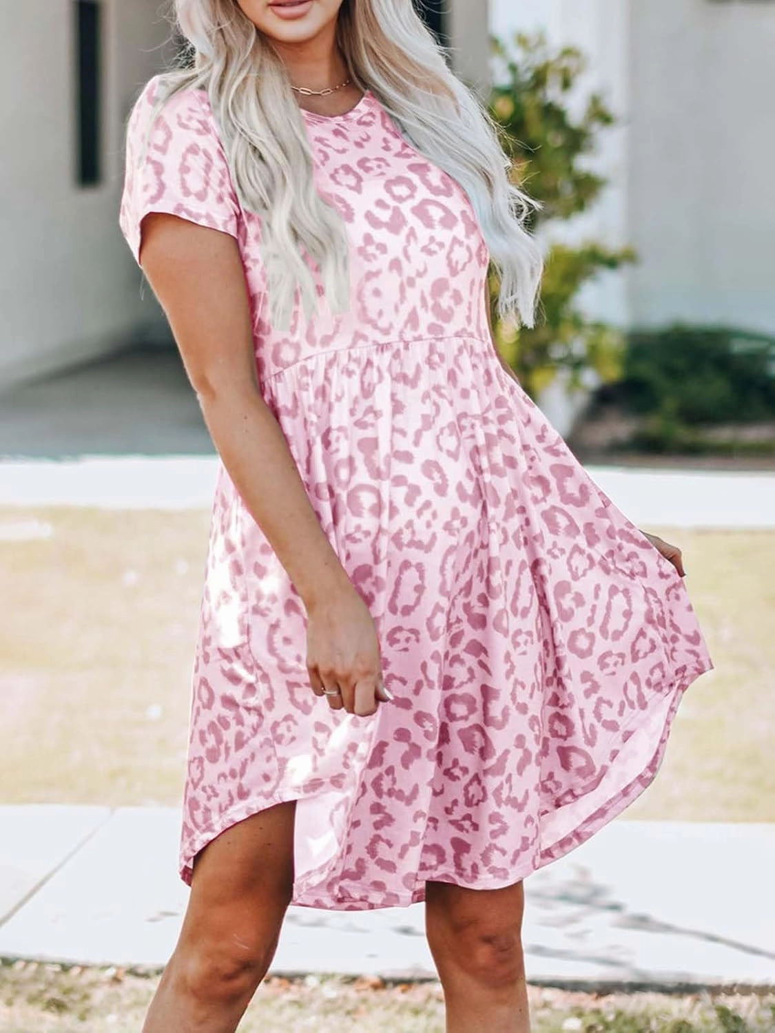 Women's Leopard Print Dress Short Sleeve Crew Neck Tunic Flowy Casual Summer Mini Dresses