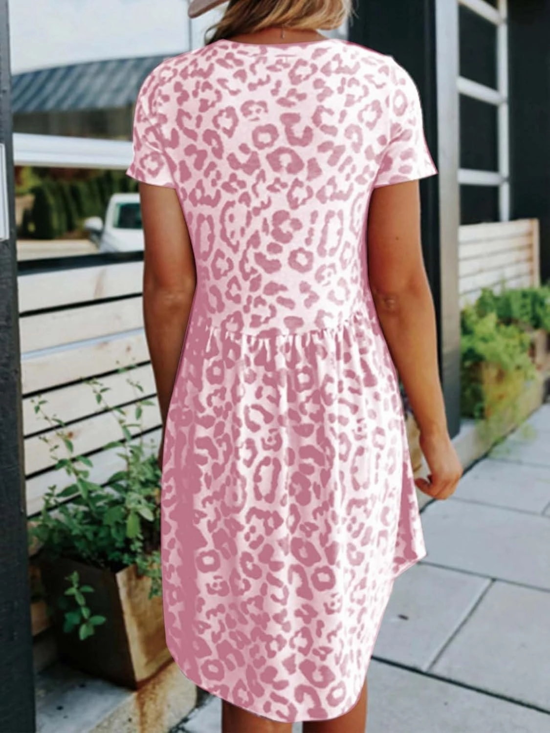 Women's Leopard Print Dress Short Sleeve Crew Neck Tunic Flowy Casual Summer Mini Dresses
