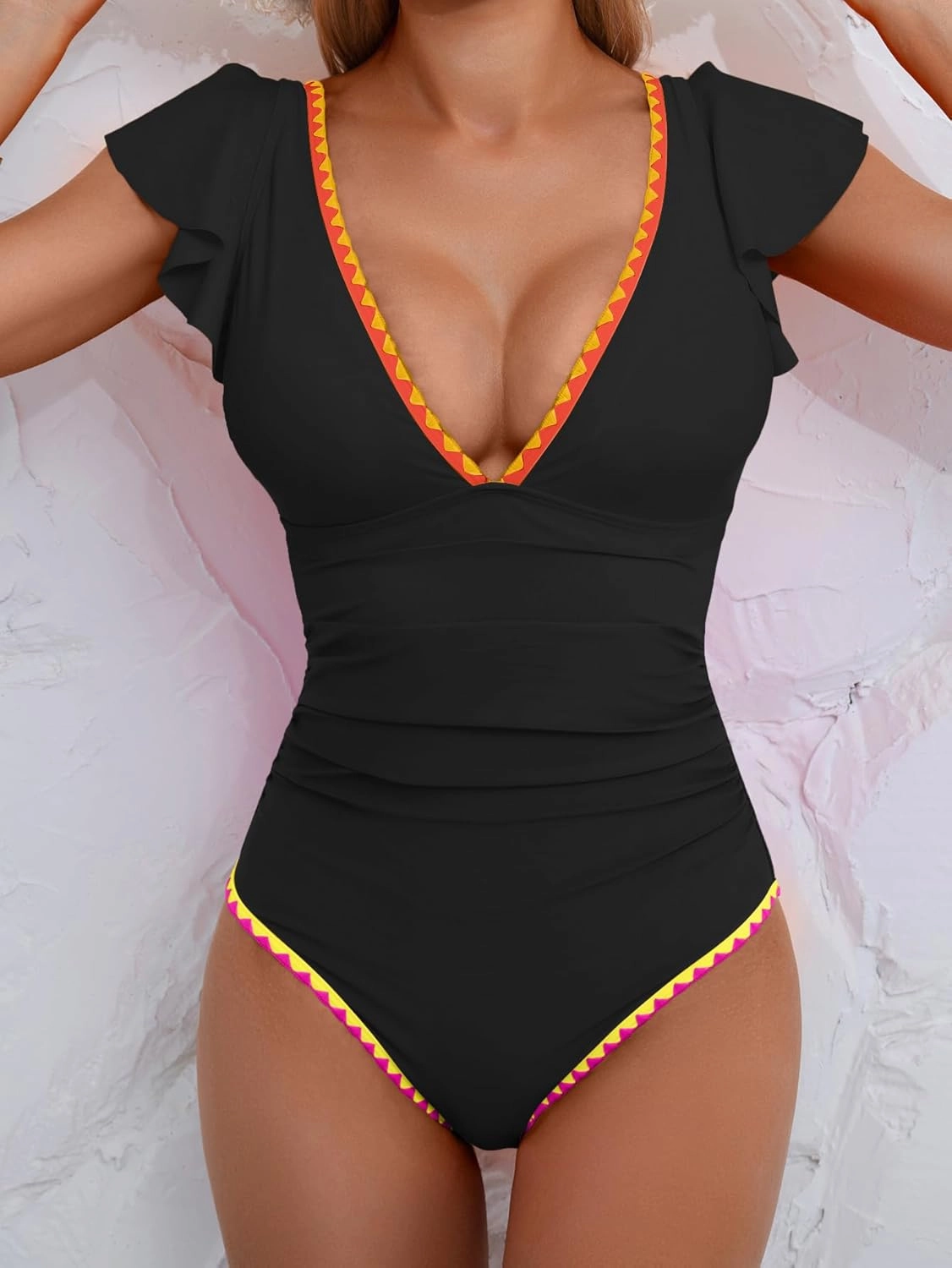 Women's One Piece Ruffle Swimsuit Tummy Control Bathing Suit V Neck Shell Stitched Swim Suit Slimming Swimwear