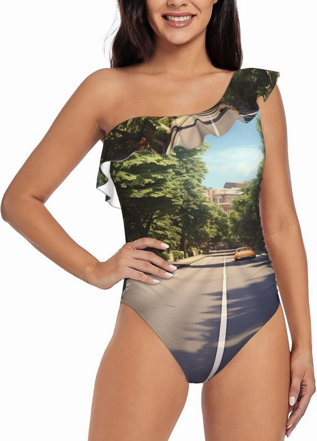 Women's One Piece Swimsuit Summer Street One Shoulder Ruffle Swimwear Tummy Control Bathing Suit