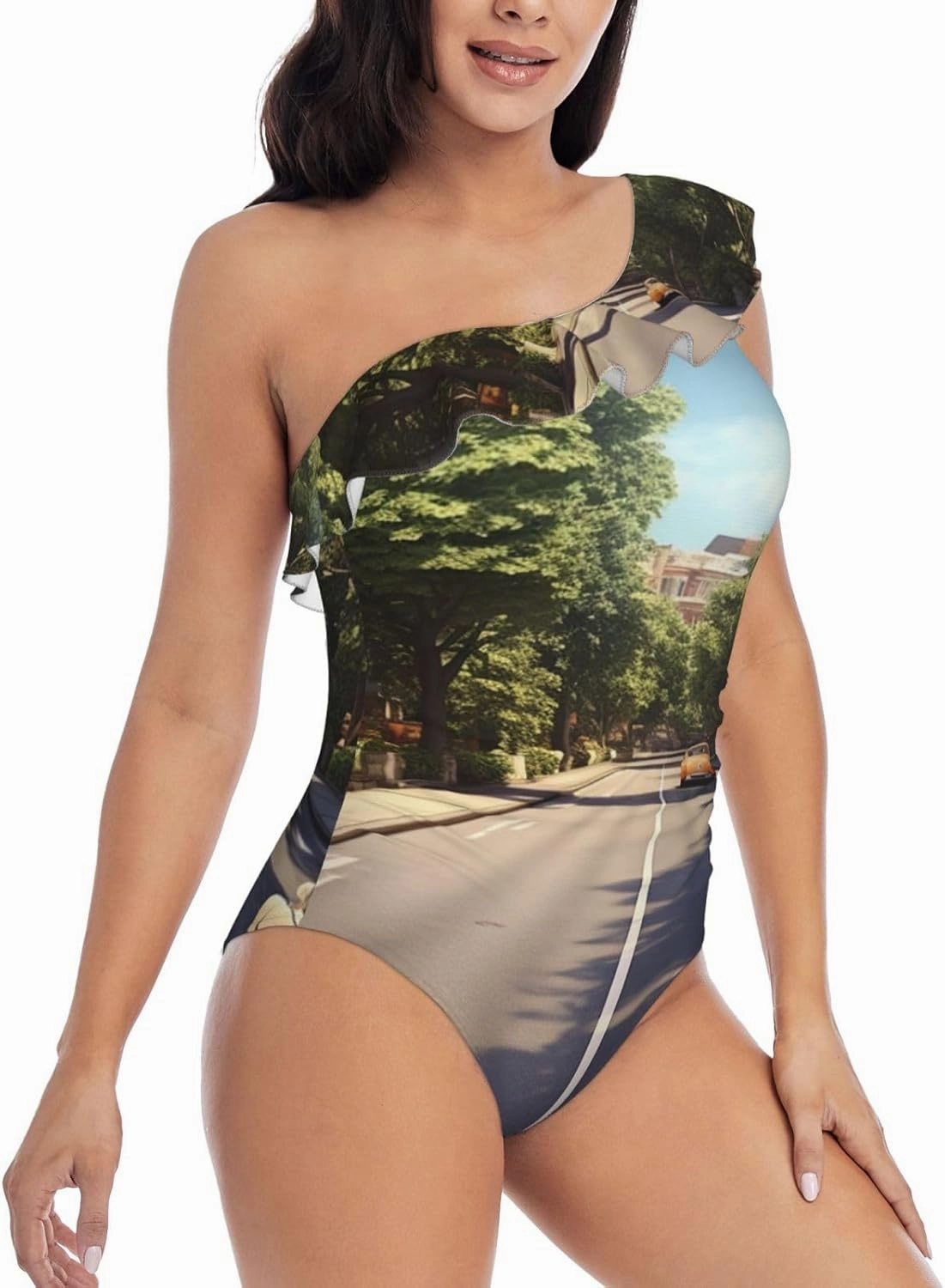 Women's One Piece Swimsuit Summer Street One Shoulder Ruffle Swimwear Tummy Control Bathing Suit