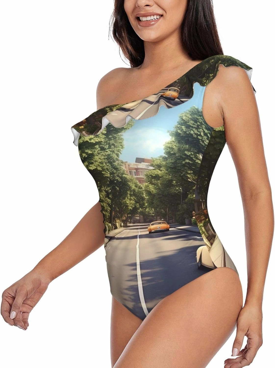 Women's One Piece Swimsuit Summer Street One Shoulder Ruffle Swimwear Tummy Control Bathing Suit