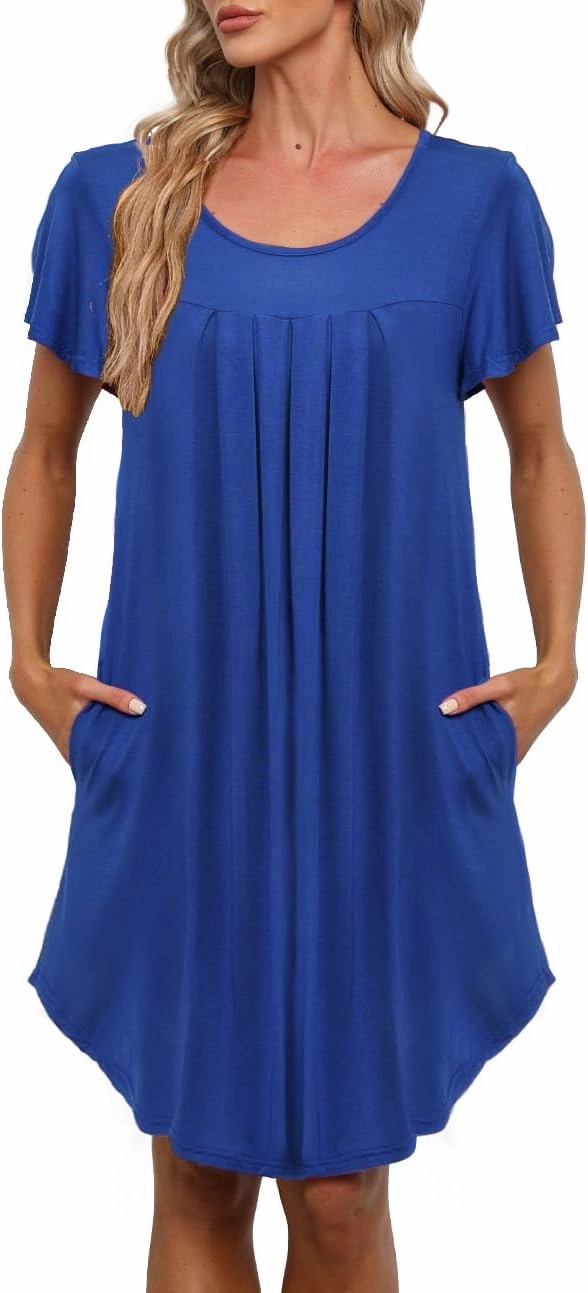 Women's Pleated Front Loose Fit Short Sleeve Nightgowns Sleep Dress with Hand Pockets (S - 5XL)
