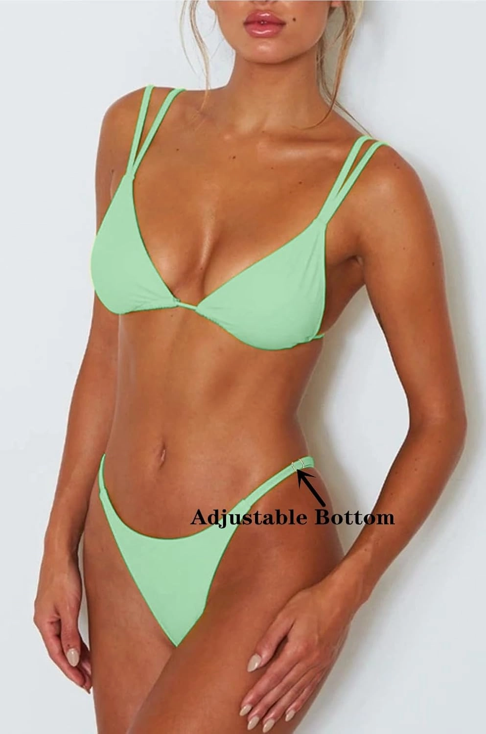 Women's Sexy Thong Bottom Two Piece Bikini Double Shoulder Straps Cute Swimsuit Triangle Bathing Suit