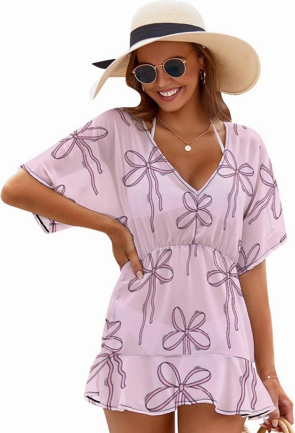 Women's Swimsuit Cover Up Cute Pink Bow Beachwear Coverups V-Neck Bikini Beach Dress