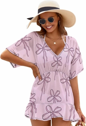 Women's Swimsuit Cover Up Cute Pink Bow Beachwear Coverups V-Neck Bikini Beach Dress
