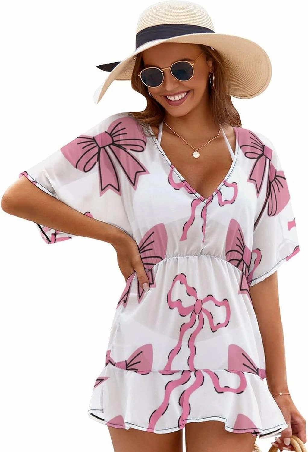 Women's Swimsuit Coverup Casual Disco Balls And Bows V Neck Beach Dress Swimwear Cover Ups