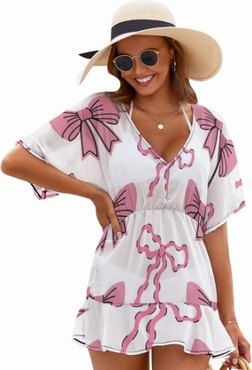 Women's Swimsuit Coverup Casual Disco Balls And Bows V Neck Beach Dress Swimwear Cover Ups