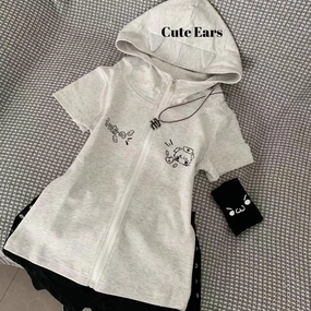 Women's Y2K Short Sleeve Hoodies Full Zip Up Cute Cat Slim Fit Sweatshirt Harajuku Kawaii T-Shirt