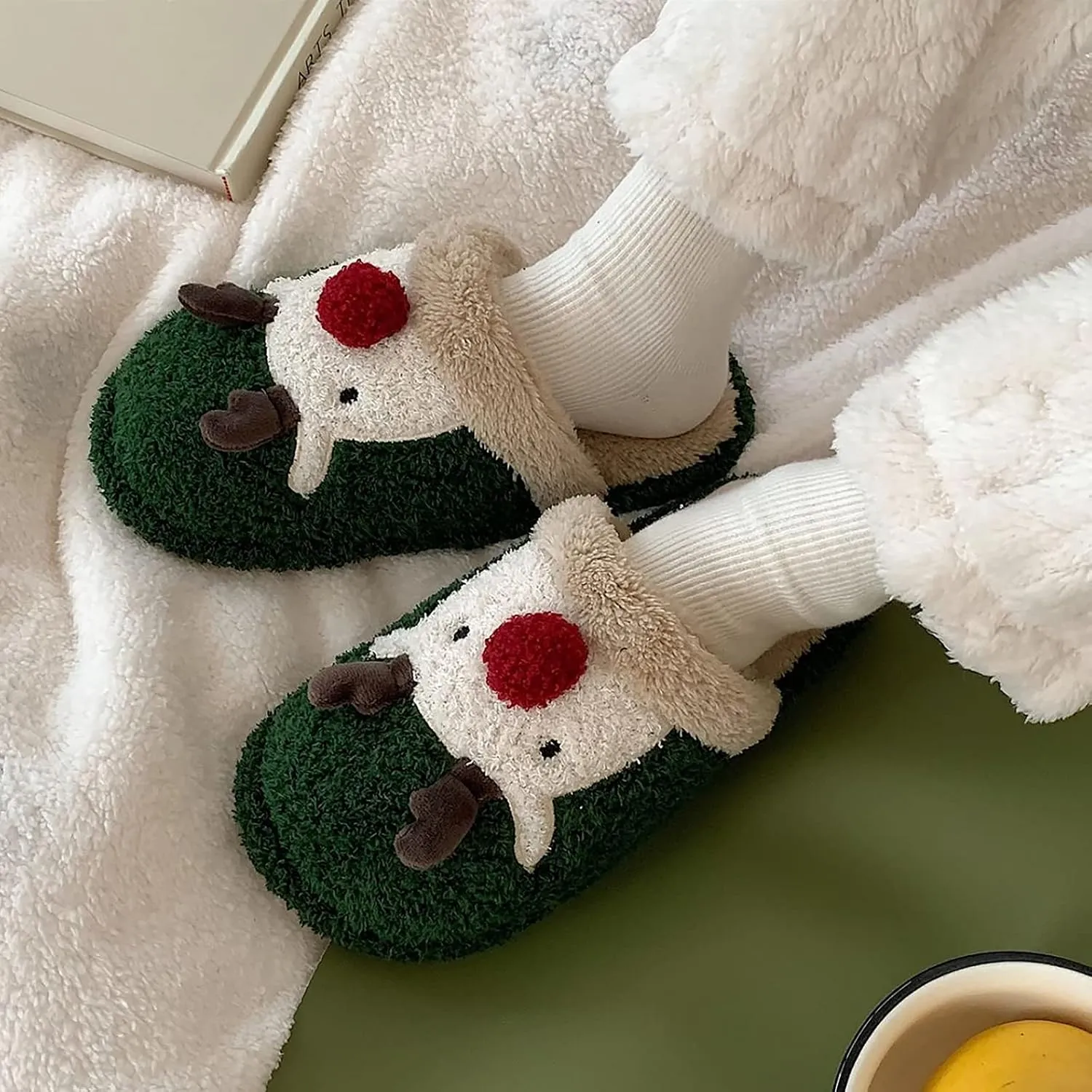 Womens Cute Reindeer Antlers House Slippers Funny Christmas Deer Horn Ear Indoor Home Shoes Plush Fuzzy Warm Bedroom Slippers