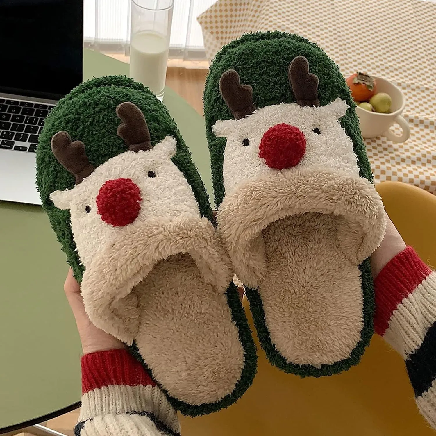 Womens Cute Reindeer Antlers House Slippers Funny Christmas Deer Horn Ear Indoor Home Shoes Plush Fuzzy Warm Bedroom Slippers