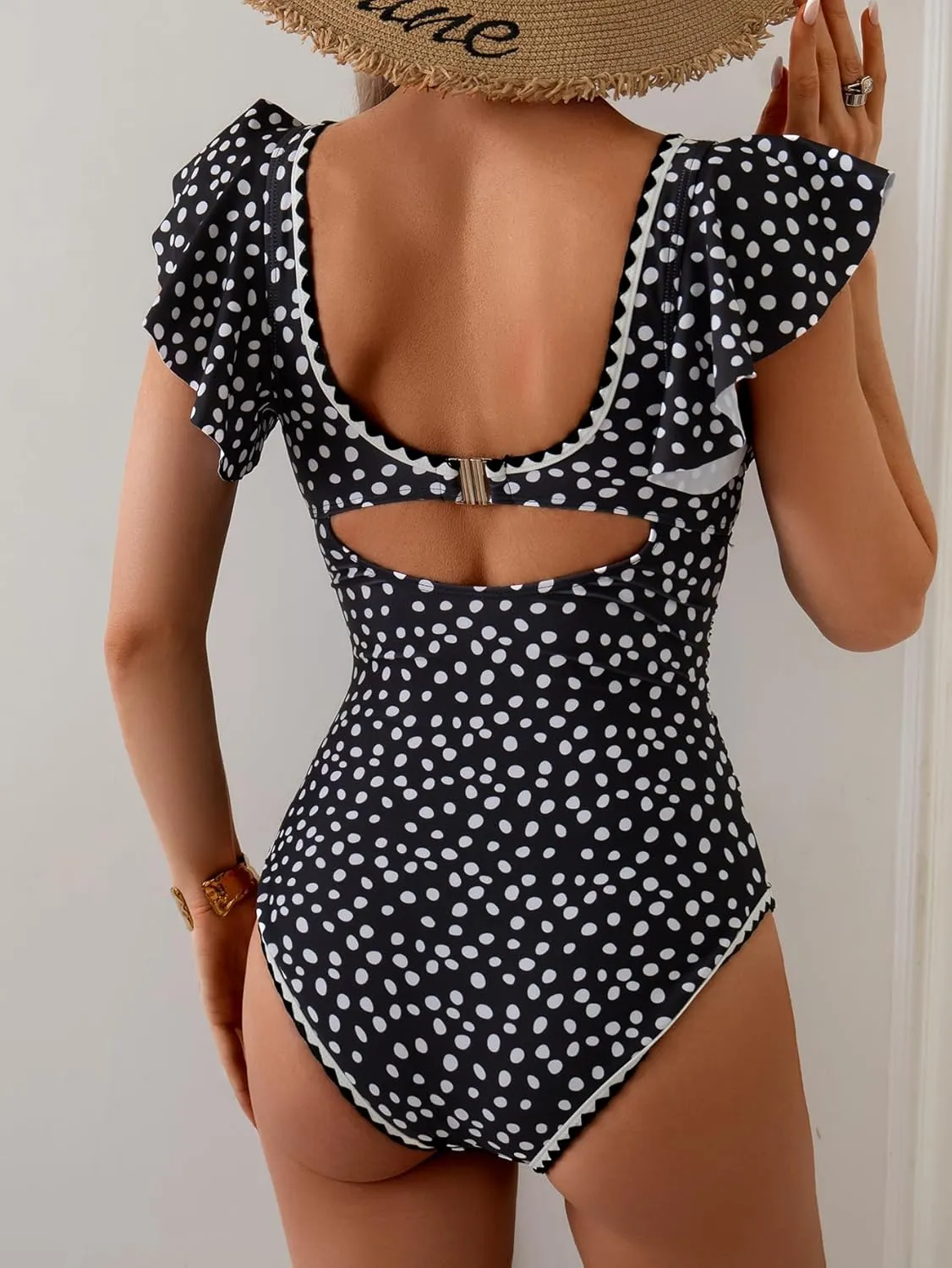 Women's One Piece Ruffle Swimsuit Tummy Control Bathing Suit V Neck Shell Stitched Swim Suit Slimming Swimwear