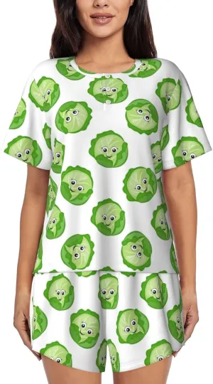 Women's Pajama Sets - bright cabbage cute eyes funny Comfort Pajamas for Women Set Short Sleeve Sleepwear PJ Sets