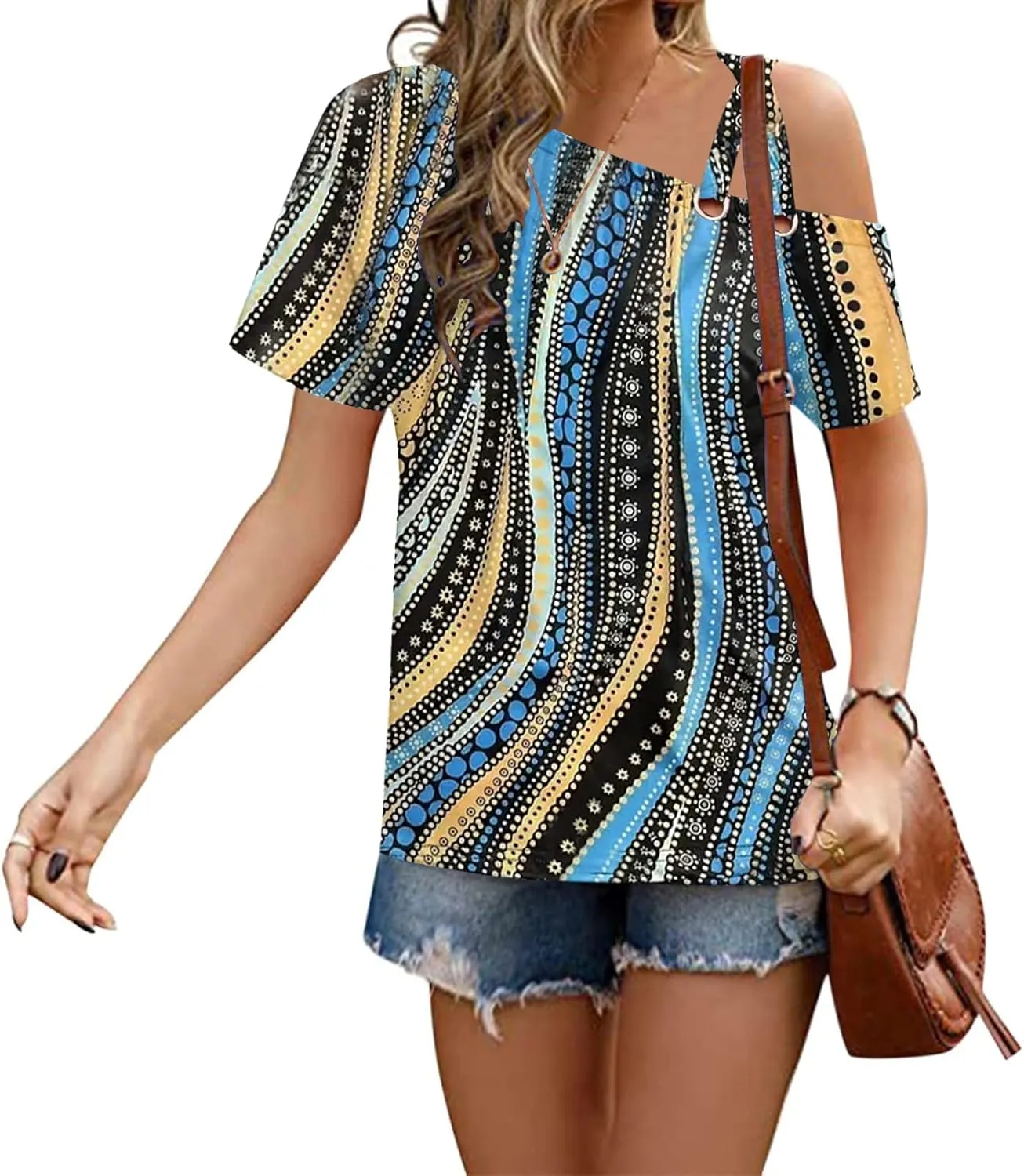Womens Summer Trendy Cold Shoulder Short Sleeve T Shirts Criss Cross Casual Loose Tunic Shirts Tops Blouses