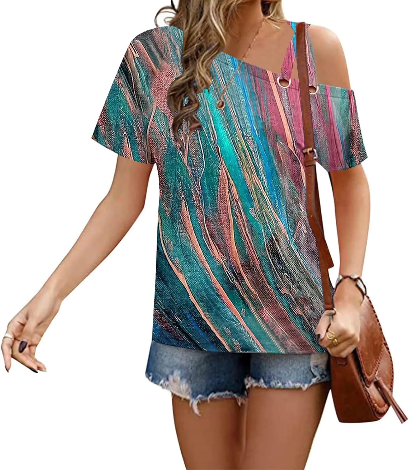 Womens Summer Trendy Cold Shoulder Short Sleeve T Shirts Criss Cross Casual Loose Tunic Shirts Tops Blouses