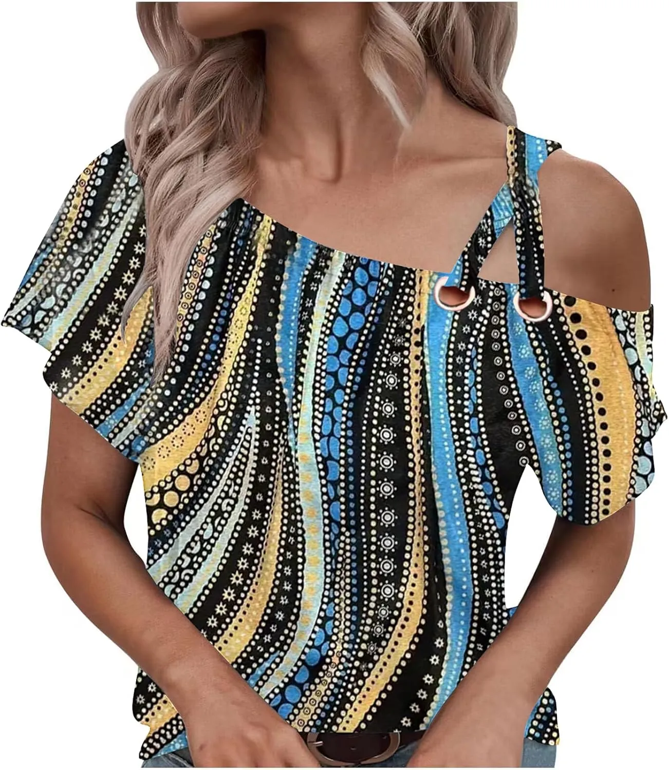 Womens Summer Trendy Cold Shoulder Short Sleeve T Shirts Criss Cross Casual Loose Tunic Shirts Tops Blouses