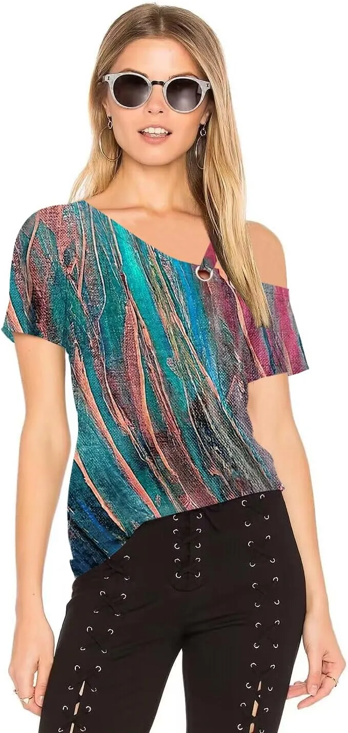 Womens Summer Trendy Cold Shoulder Short Sleeve T Shirts Criss Cross Casual Loose Tunic Shirts Tops Blouses