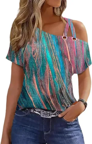 Womens Summer Trendy Cold Shoulder Short Sleeve T Shirts Criss Cross Casual Loose Tunic Shirts Tops Blouses
