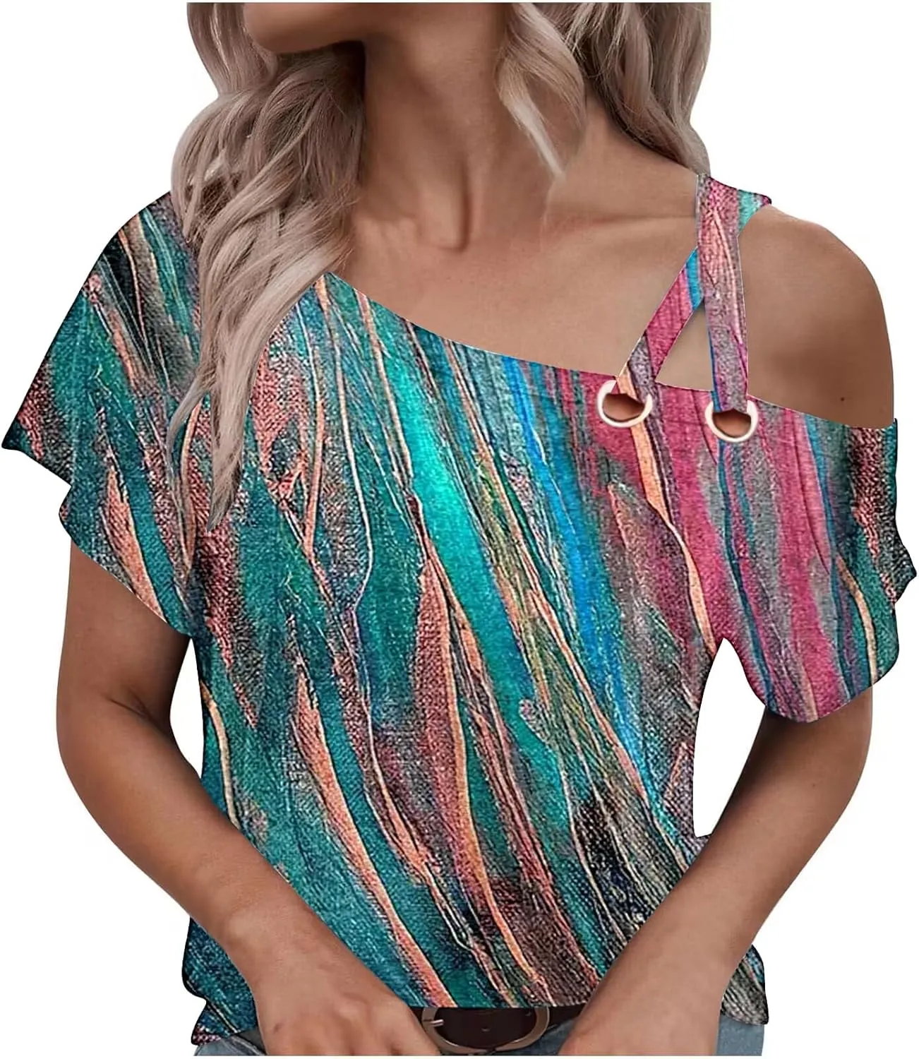 Womens Summer Trendy Cold Shoulder Short Sleeve T Shirts Criss Cross Casual Loose Tunic Shirts Tops Blouses