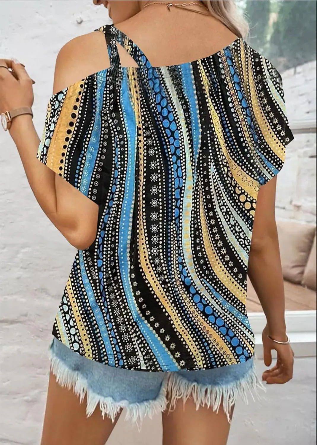 Womens Summer Trendy Cold Shoulder Short Sleeve T Shirts Criss Cross Casual Loose Tunic Shirts Tops Blouses