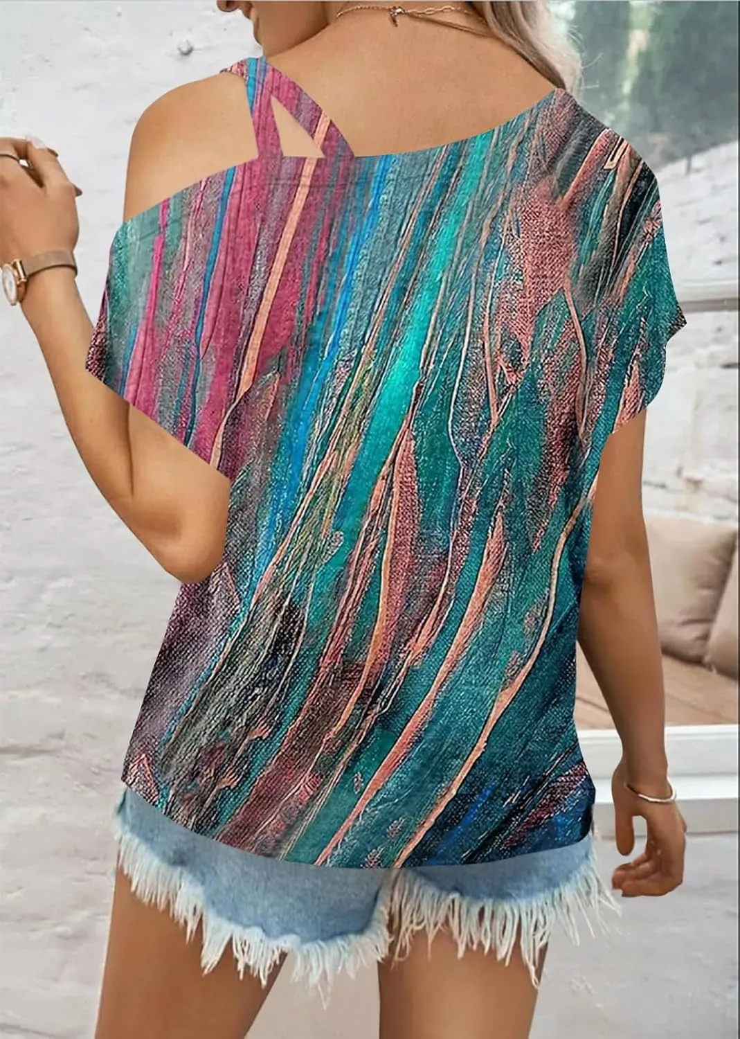 Womens Summer Trendy Cold Shoulder Short Sleeve T Shirts Criss Cross Casual Loose Tunic Shirts Tops Blouses
