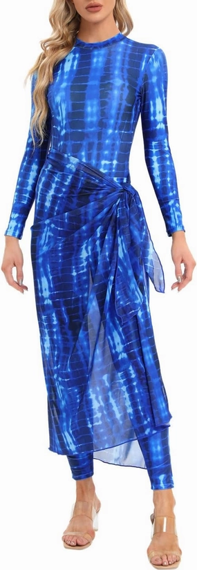 Womens 3 Pieces Long Sleeve Back Zipper Muslim Swimsuits Full Cover Islamic Swimwear Modest Print Burkini Bathing Suit