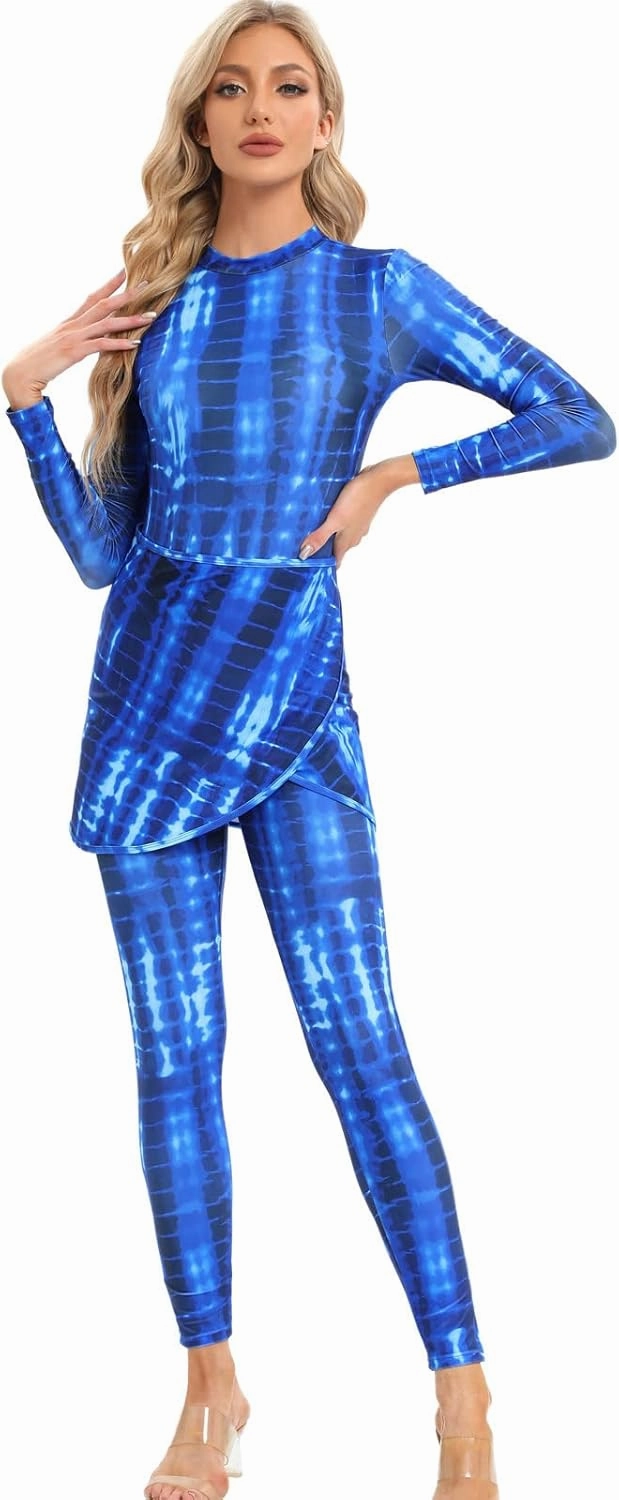 Womens 3 Pieces Long Sleeve Back Zipper Muslim Swimsuits Full Cover Islamic Swimwear Modest Print Burkini Bathing Suit