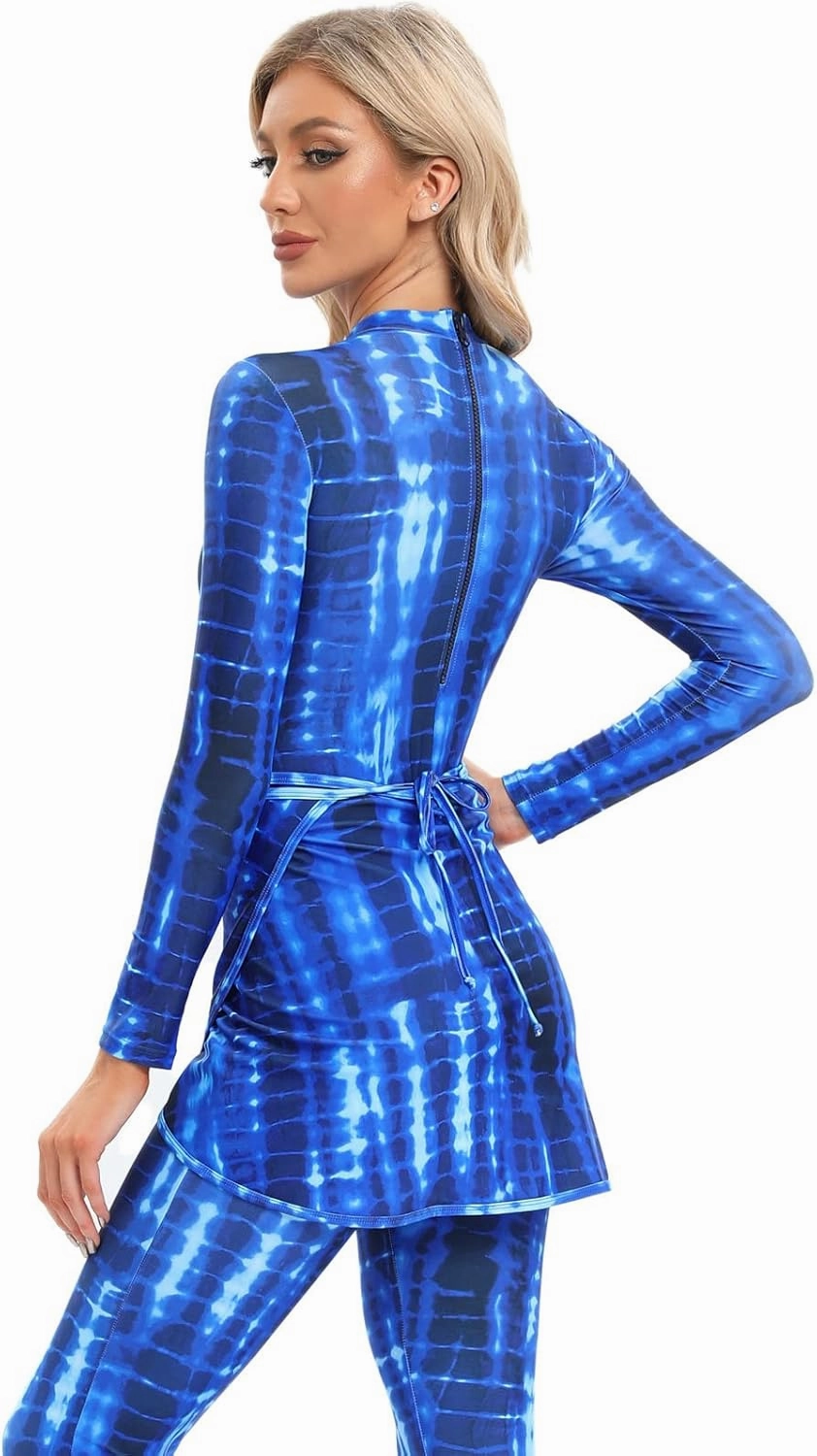 Womens 3 Pieces Long Sleeve Back Zipper Muslim Swimsuits Full Cover Islamic Swimwear Modest Print Burkini Bathing Suit