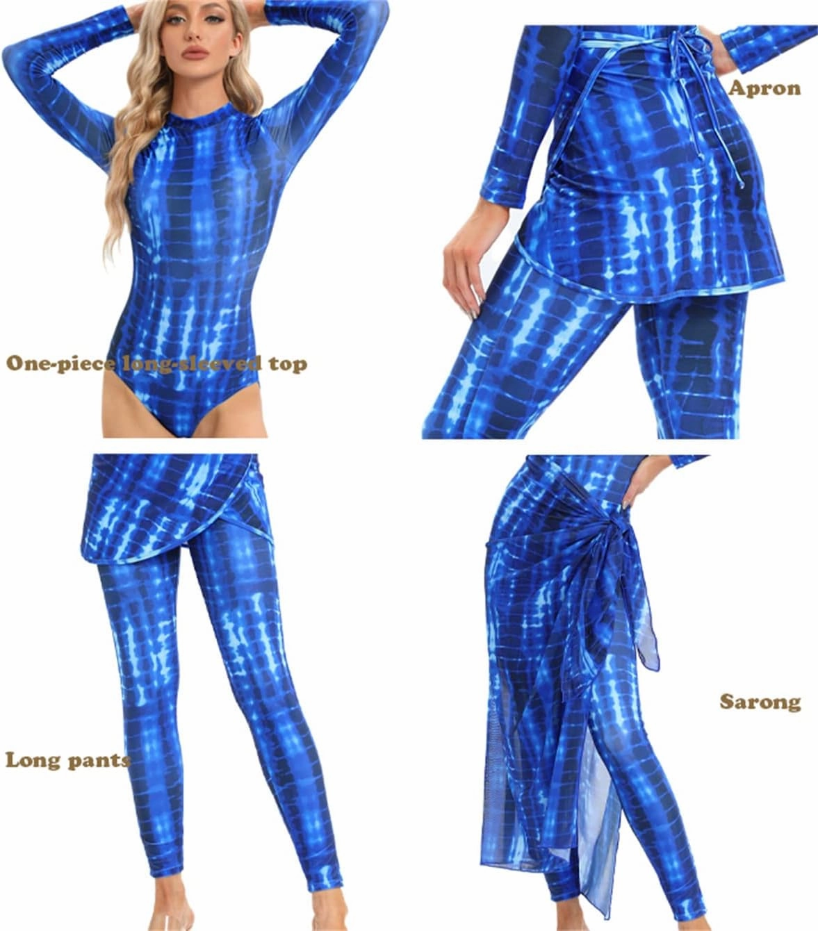 Womens 3 Pieces Long Sleeve Back Zipper Muslim Swimsuits Full Cover Islamic Swimwear Modest Print Burkini Bathing Suit