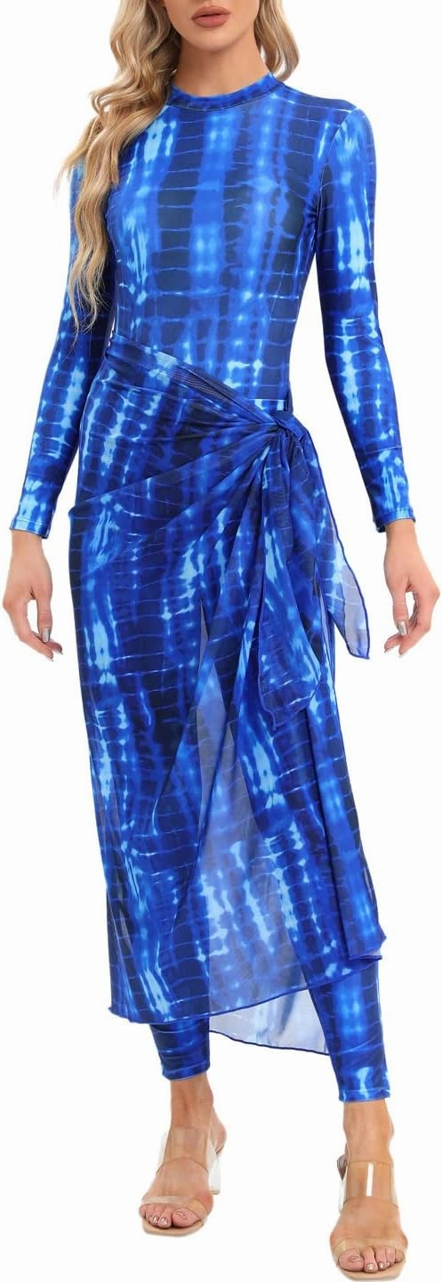 Womens 3 Pieces Long Sleeve Back Zipper Muslim Swimsuits Full Cover Islamic Swimwear Modest Print Burkini Bathing Suit