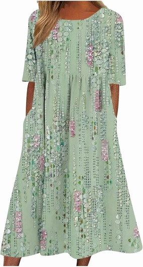 Womens Casual Summer Dresses Cute Floral Print Short Sleeve Beach Dress Round Neck Pleated Sundress with Pocket