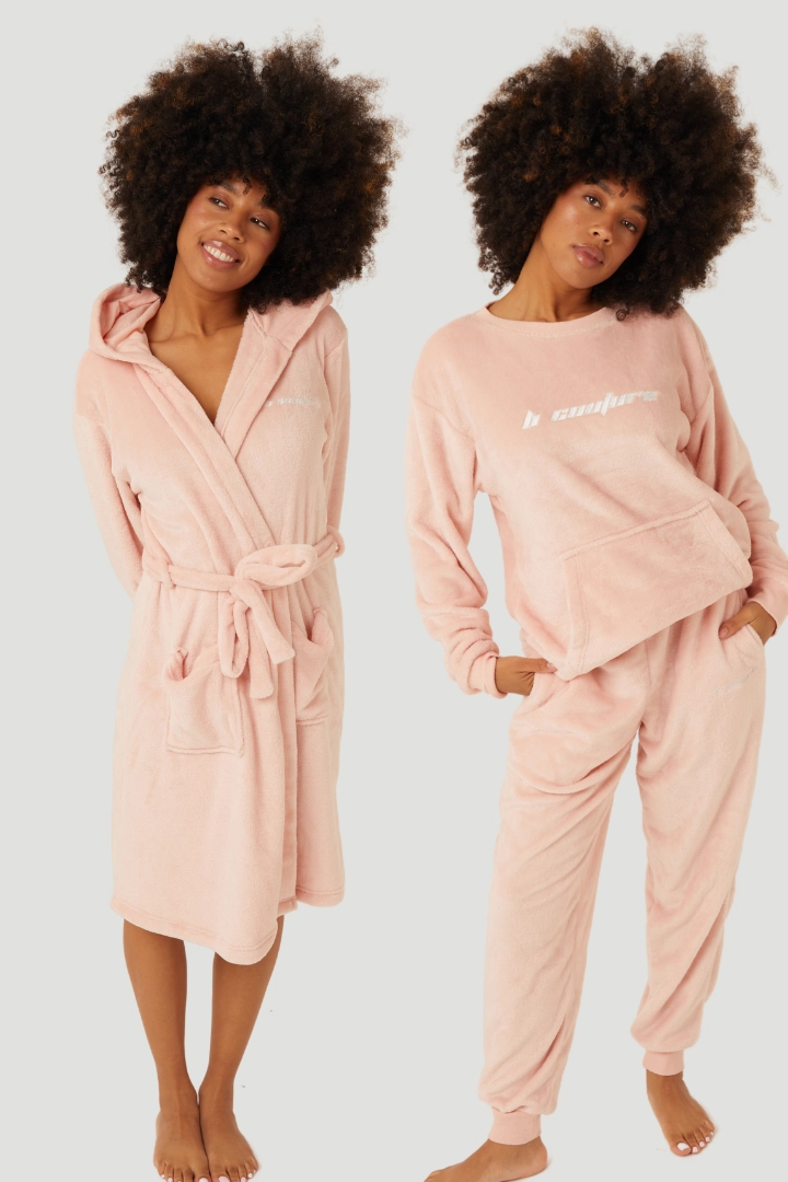 Womens Fluffy Robe & Fluffy PJ Set Bundle - Pink