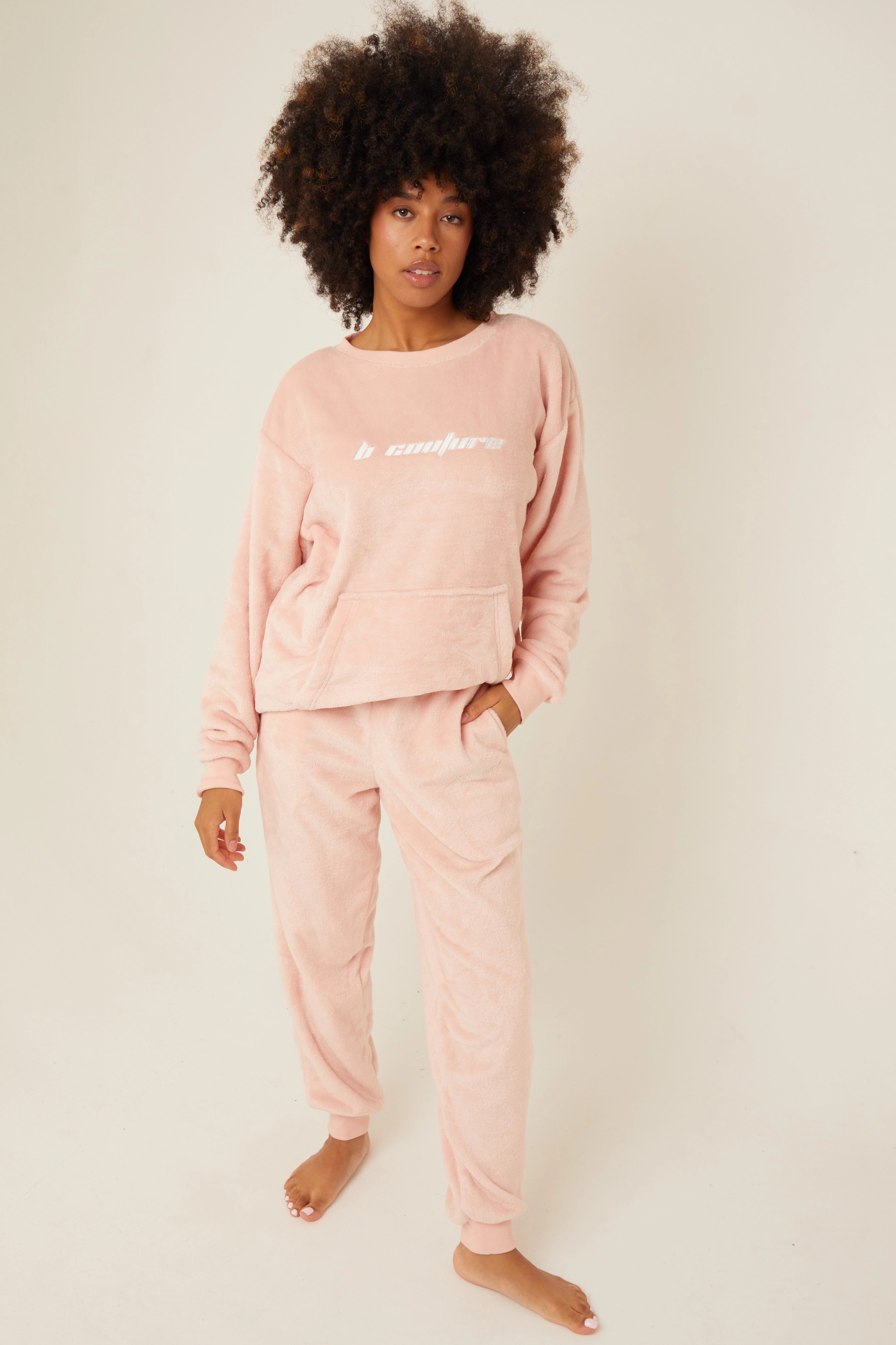 Womens Fluffy Robe & Fluffy PJ Set Bundle - Pink