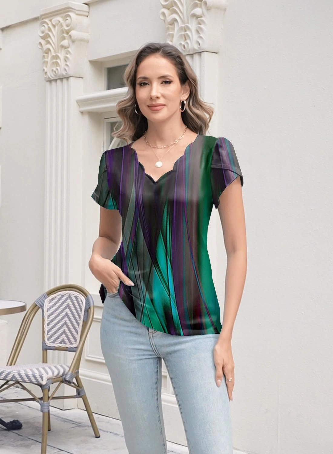 Womens Summer Tops Seashell Edge V Neck Shirts Petal Short Sleeve Top Dressy Casual Tunic Blouses