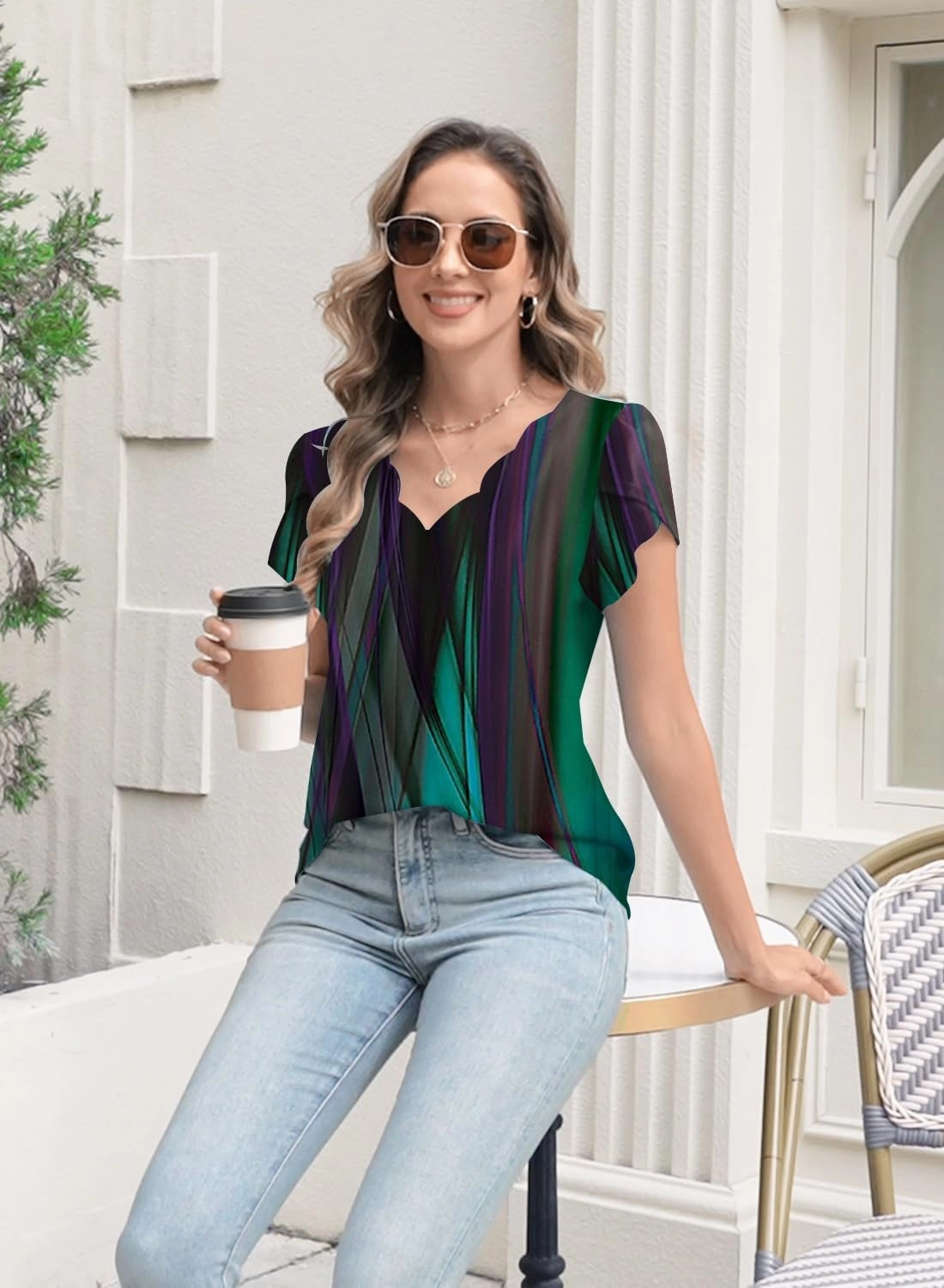 Womens Summer Tops Seashell Edge V Neck Shirts Petal Short Sleeve Top Dressy Casual Tunic Blouses