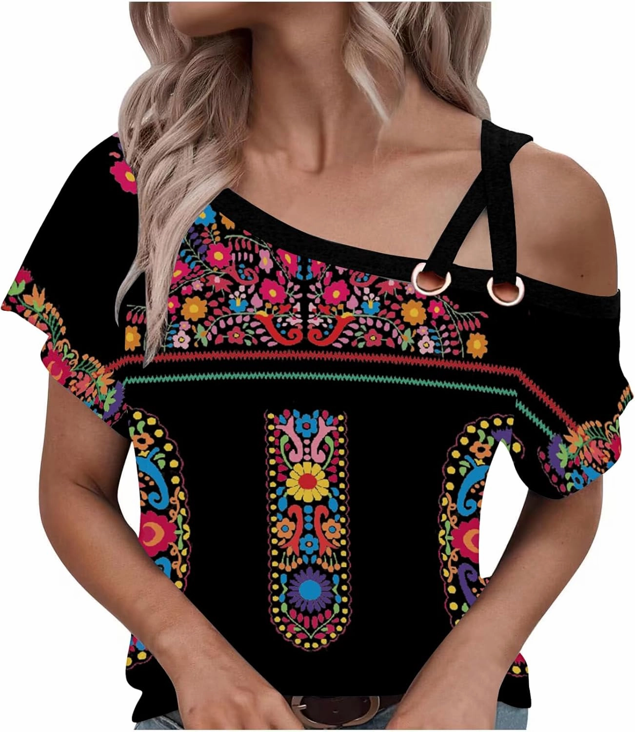 Womens Summer Trendy Cold Shoulder Short Sleeve T Shirts Criss Cross Casual Loose Tunic Shirts Tops Blouses