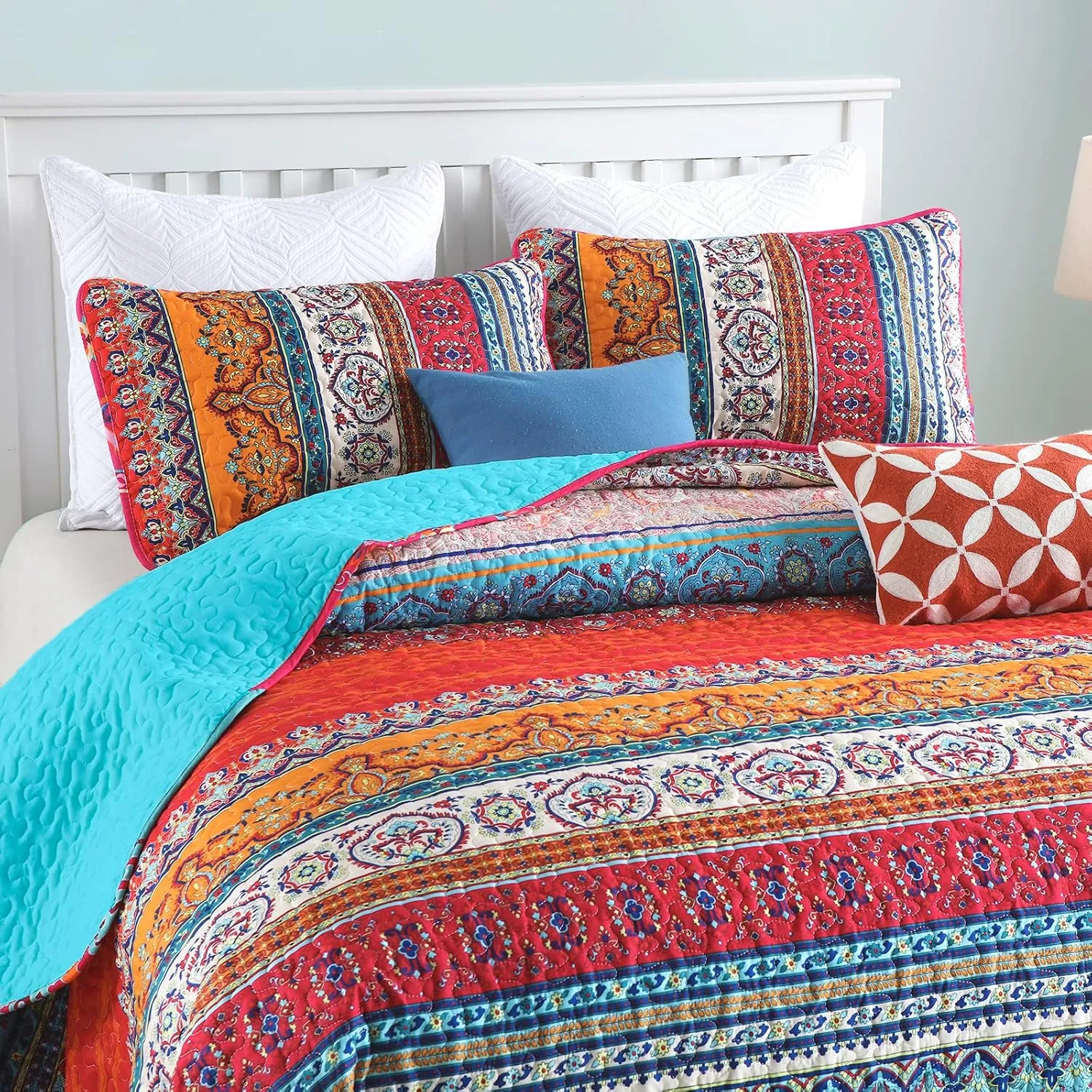 WONGS BEDDING Bohemian Quilt Set King Size, Boho Striped Printed Quilts Bedspread Set for All Seasons, Lightweight Microfiber Coverlet Bedding Set with 2 Pillowcases 104"x90" (3 Pieces, Colorful)