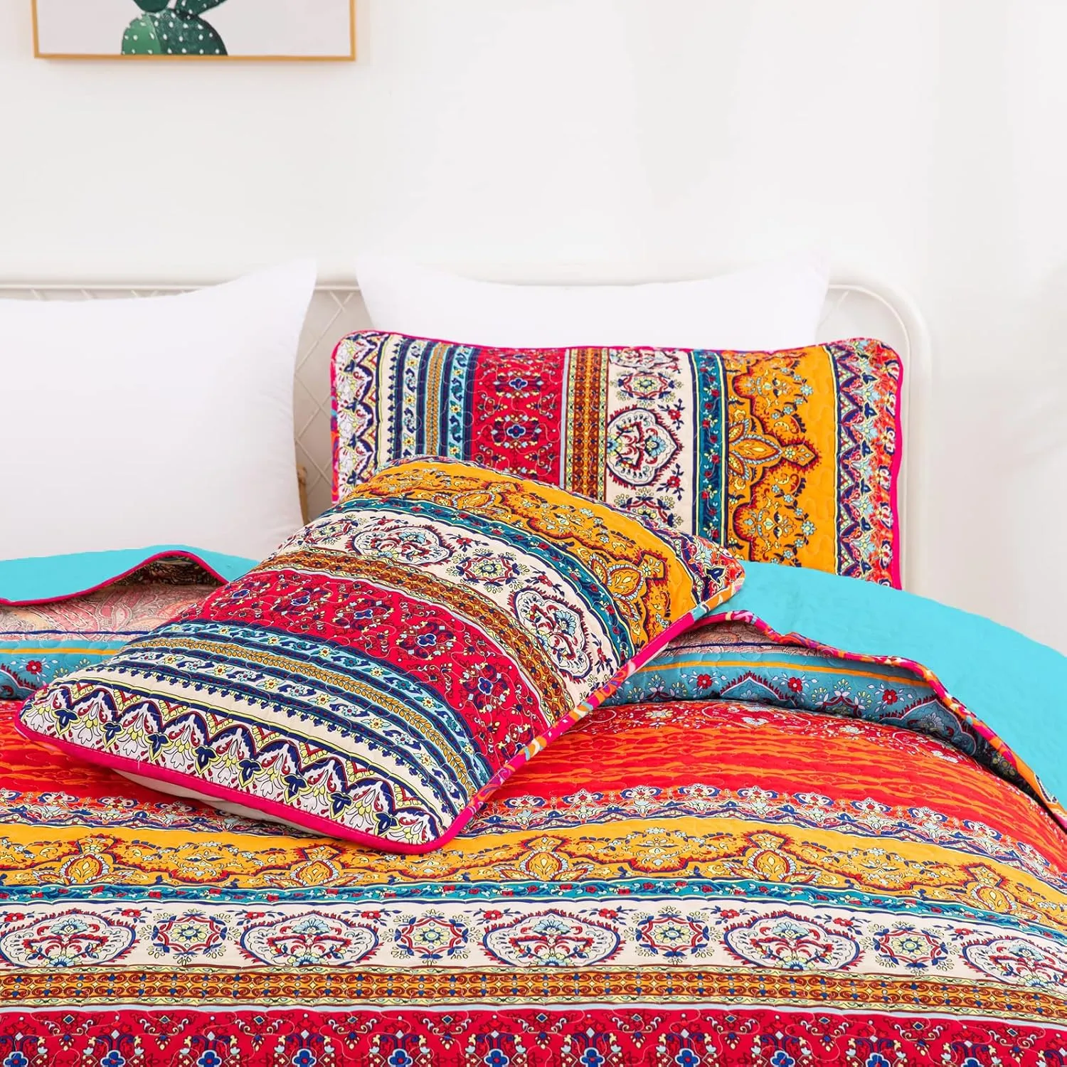 WONGS BEDDING Bohemian Quilt Set King Size, Boho Striped Printed Quilts Bedspread Set for All Seasons, Lightweight Microfiber Coverlet Bedding Set with 2 Pillowcases 104"x90" (3 Pieces, Colorful)