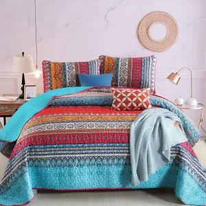 WONGS BEDDING Bohemian Quilt Set King Size, Boho Striped Printed Quilts Bedspread Set for All Seasons, Lightweight Microfiber Coverlet Bedding Set with 2 Pillowcases 104"x90" (3 Pieces, Colorful)