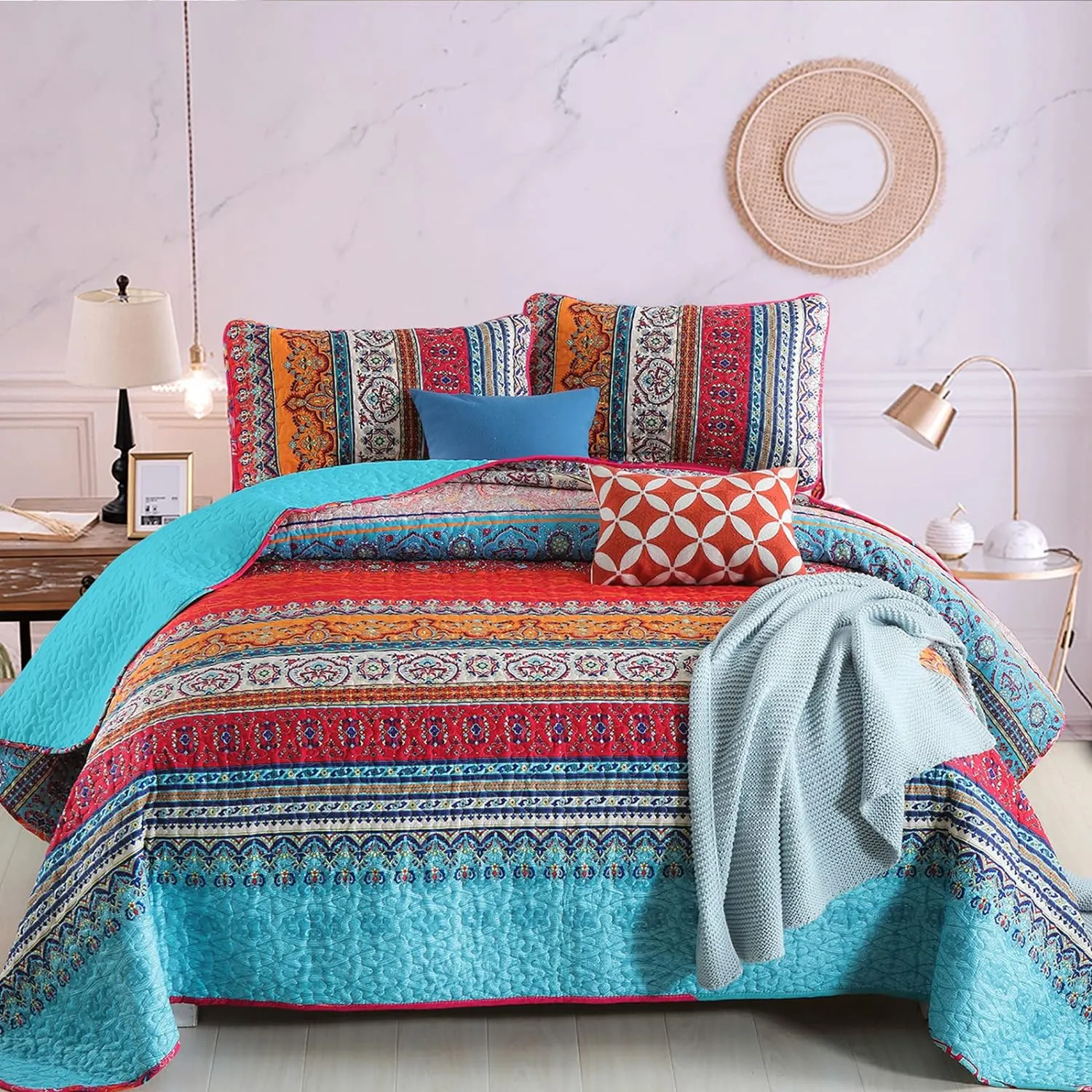 WONGS BEDDING Bohemian Quilt Set King Size, Boho Striped Printed Quilts Bedspread Set for All Seasons, Lightweight Microfiber Coverlet Bedding Set with 2 Pillowcases 104"x90" (3 Pieces, Colorful)